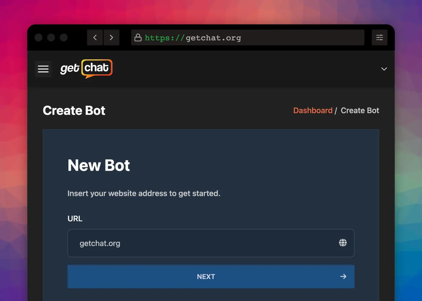 Create a new Bot: Insert your website address to get started